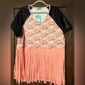 Pink Cowboy Print Fringe Top with Black Sequin Sleeves